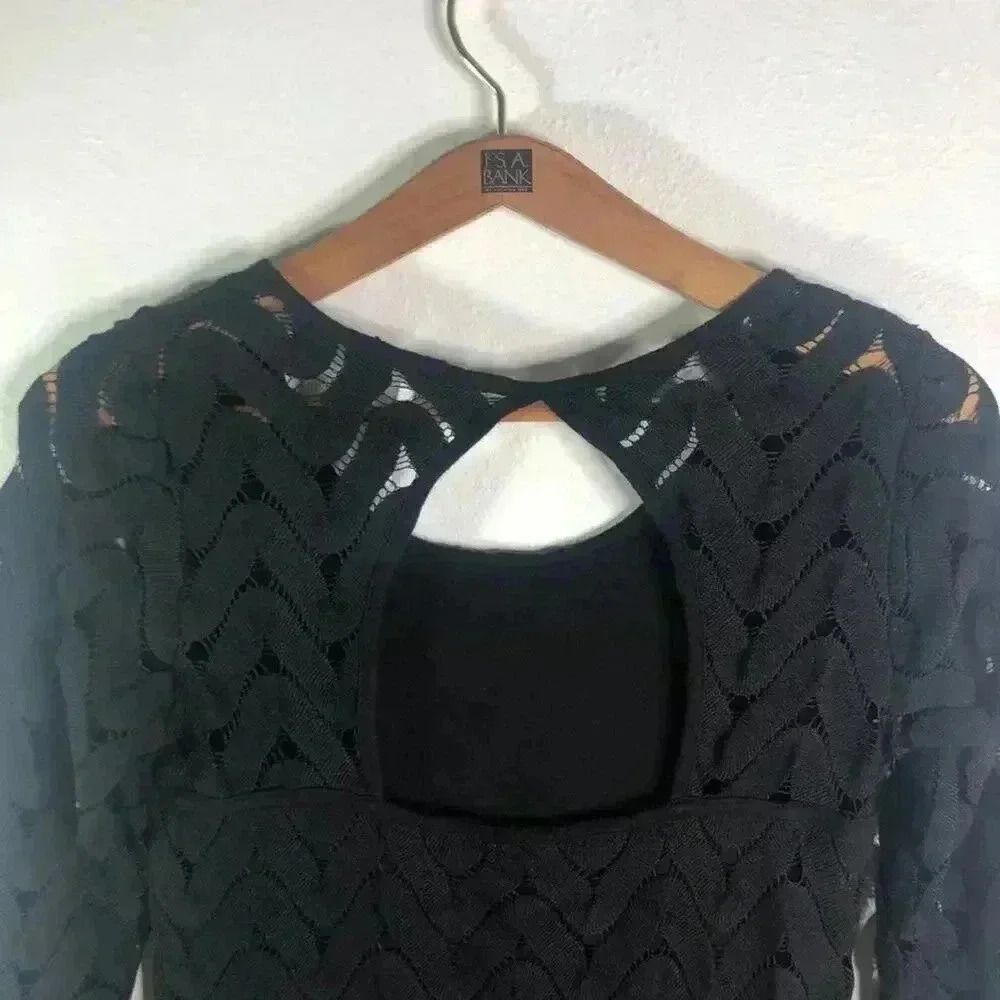 Free People Black Chevron Print Knit Bodycon Dress LBD Mini Dress Size S - Picture 5 of 7